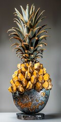 A surreal sculpture of a pineapple with stylized, exaggerated textures and a stone-like base, blending fruit realism with artistic abstraction in a studio setting.