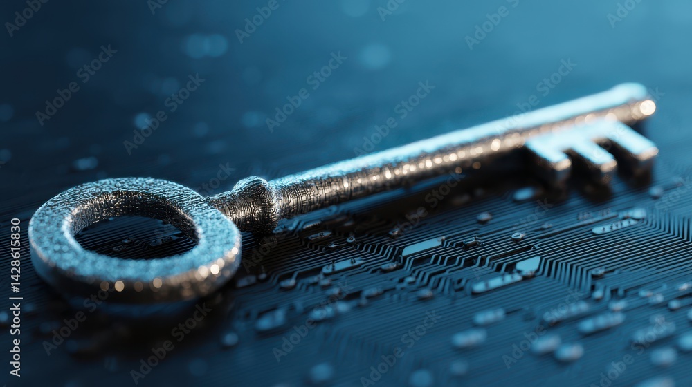 Poster a stunning image of key on blue background, safety and data protection in the online and cyber conce