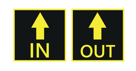  Yellow and black in and round warning direction info sticker badge icon with an arrow and text.vector icon