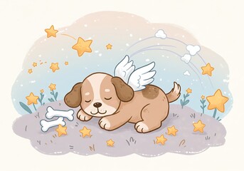Winged Puppy with Stars in Dreamy Sky