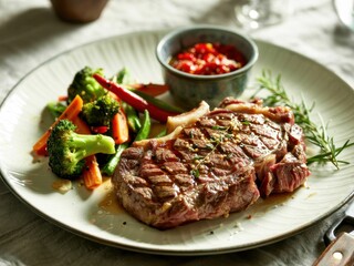 Savory grilled steak served with vibrant vegetables and a spicy sauce on a rustic plate