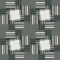 Abstract geometry seamless pattern. Rectangles and lines in shades of grey and green. Optical rotation effect. Complicated texture background. Grid of intertwined straight lines