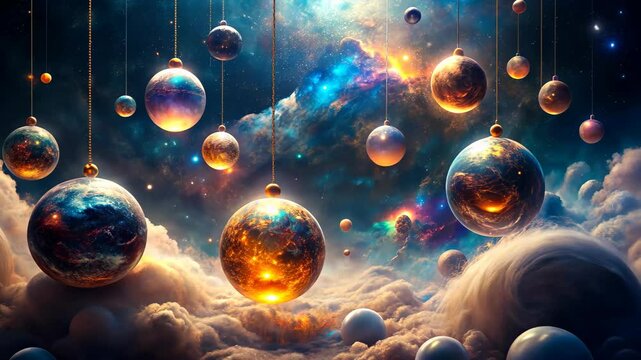 Celestial spheres dangle amidst cosmic clouds and nebulae in a surreal dreamscape.