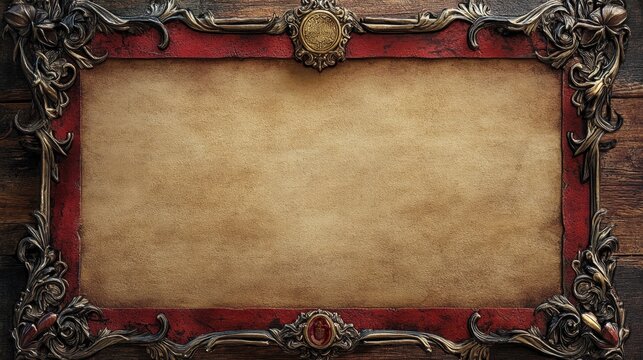 fantasy medieval scroll frame with aged parchment, decorative flourishes, and a royal seal