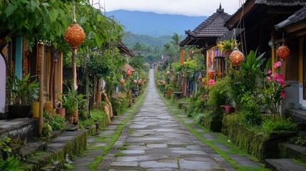 Obraz premium Scenic village street with flowers and mountains in the background for travel content