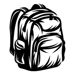 Monochrome Illustration of a Heavily Loaded Backpack with Multiple Compartments and Straps