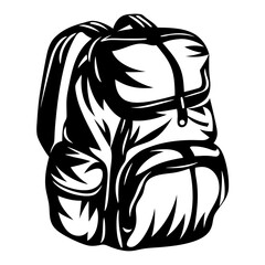 Stylish black and white vector drawing of a fully packed hiking backpack
