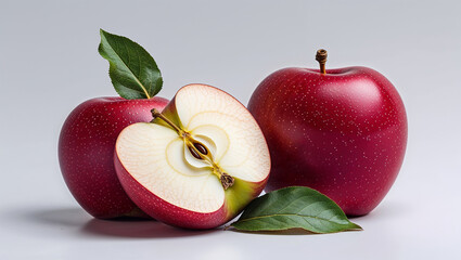 Fresh Red Apples With Leaf And Cross Section On White Background Still Life