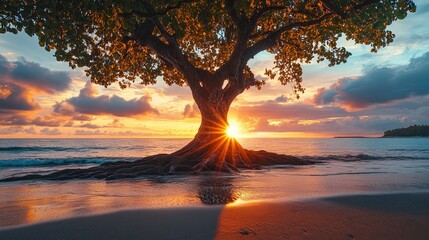 Large tree with a wide root system standing on a beach at sunrise or sunse