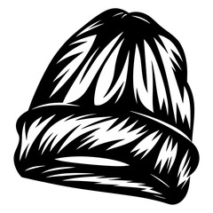Stylized monochrome image of a winter beanie hat with bold line work