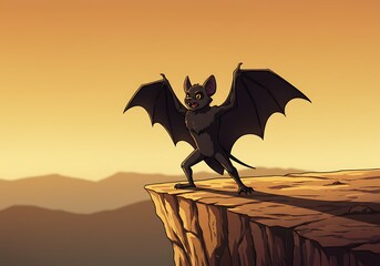 Bat Standing Proudly on Cliff at Sunset