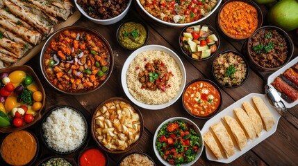 Fototapeta premium A festive buffet table filled with a variety of international dishes, representing flavors from different cultures