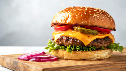 Burger with lettuce and tomato on wooden Table in isolated background