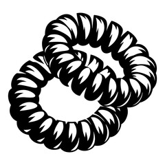 Two black spiral hair ties overlapping on a white background in monochrome