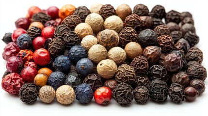 Obraz premium A vibrant assortment of colorful seeds and beads arranged artistically on a white background