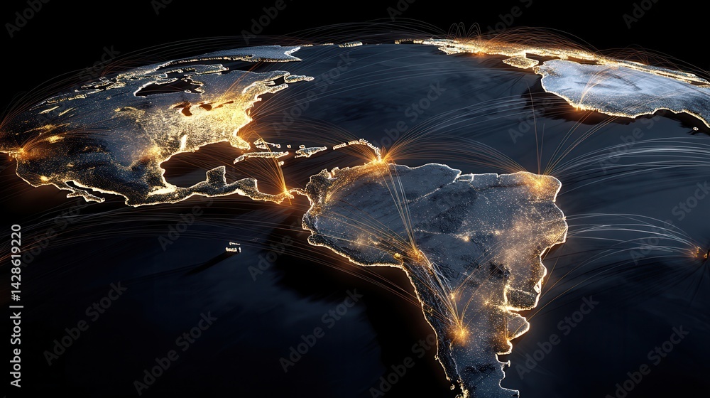 Poster a stunning image of this visual illustrates a world map with illuminated pathways connecting major c