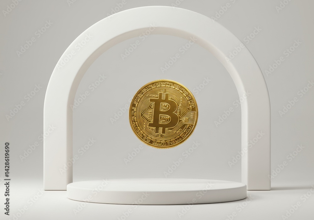 Aufkleber single golden bitcoin coin floating in minimalist white arched space symbolizing modern digital curr