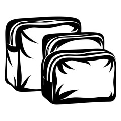 Three Stylized Cosmetic Bags of Varying Sizes in a Black and White Illustration