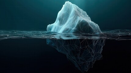 A stunning image of digital Antarctic iceberg in the ocean in futuristic polygonal style on dark technology background. Abstract Metaphor of Big Data or hard work to success. Low poly wireframe.