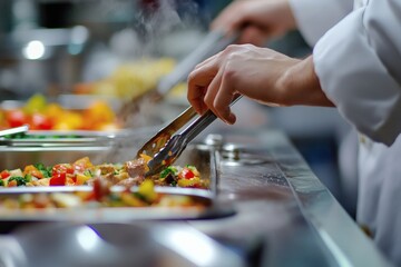 Fototapeta premium Chef plating hot meal with tongs in commercial kitchen Steam rises from delicious cooked vegetables.