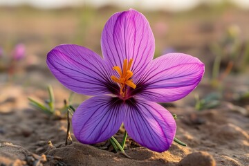 Fototapeta premium Close-up of a vibrant purple saffron flower in a sandy field