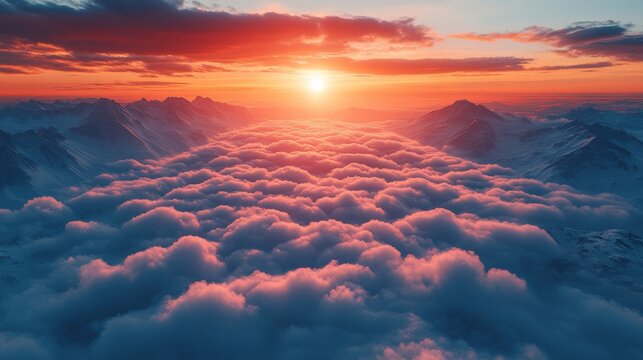 Dramatic sunset over snowy mountain range, viewed from above the clouds.