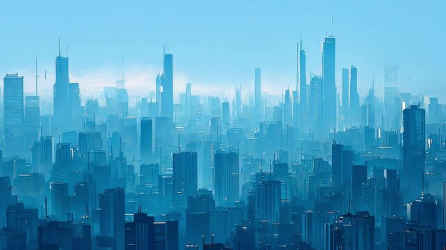 A cool blue misty cityscape illustration of high rise buildings.