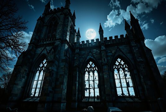 A dark, gothic church stands under a full moon, its towering spires and stained glass windows silhouetted against the night sky, surrounded by a quiet graveyard