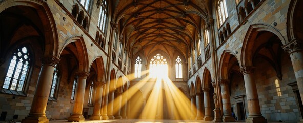 Sun rays piercing through the Gothic cathedrals ceiling, casting golden beams onto the stone floor and pillars, creating a serene and majestic atmosphere
