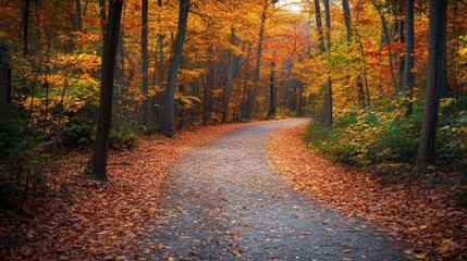 Obraz premium A peaceful forest path winding through vibrant autumn foliage, with fallen leaves covering the ground.
