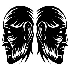 Symmetrical pair of male faces in profile with abstract tribal styling
