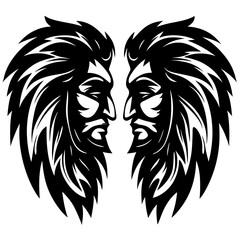 Mirror Image of Stylized Faces with Ornamental Hair in Black and White