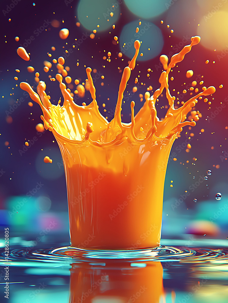 Poster vibrant orange liquid explodes from a glass, creating a dynamic splash against a bokeh backdrop.