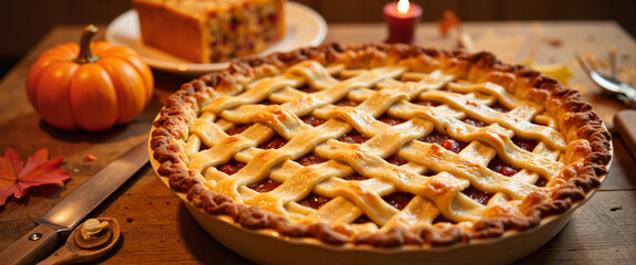 Freshly baked Thanksgiving pie in cozy kitchen, festive warmth