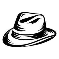 Stylized black and white drawing of a classic fedora style hat