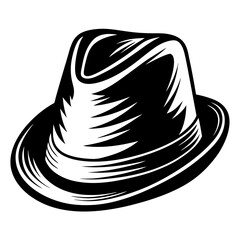 Black and white illustration of a fedora hat with abstract style