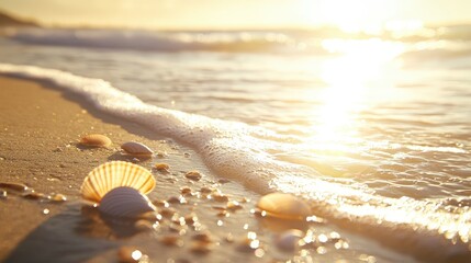 Obraz premium A peaceful morning at the beach, with golden sunlight shimmering on the water and seashells scattered along the shore