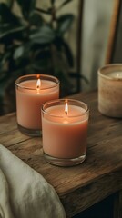 Two lit peach-colored candles on a rustic wooden table, creating a relaxing and warm ambiance.  Perfect for blogs, websites, and social media.
