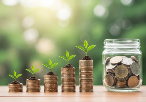 Ascending stacks of coins with green seedlings and glass jar symbolizing investment growth and financial planning