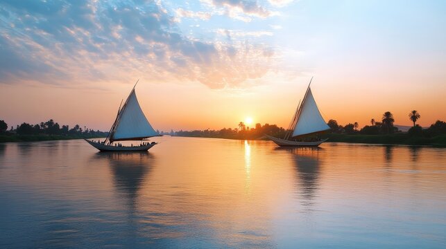 peaceful Nile River landscape at dusk, with traditional feluccas sailing on calm waters.