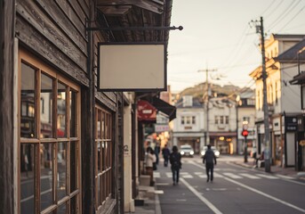 Fototapeta premium Empty shop sign hanging above the entrance of a charming coffee shop, with a slightly blurred busy street in the background.