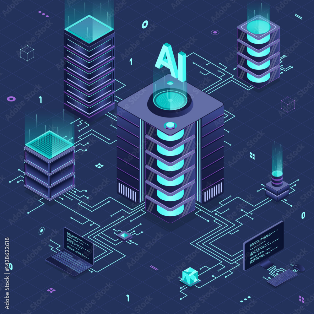 Poster isometric artificial intelligence technology. isometric cloud computing concept. artificial intellig