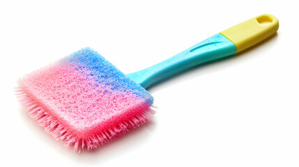 Brush Cleaning Tool, Pink Blue Bristles with Yellow Handle Cleaning Supply on White Backdrop, Home Care Concept