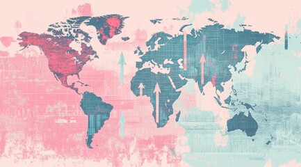 Global growth visualized with world map and upward trend arrows