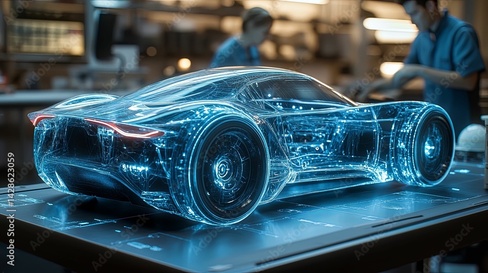 Poster futuristic car design displayed with transparent digital rendering.