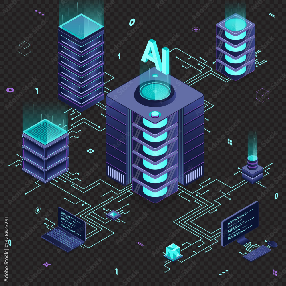 Poster isometric artificial intelligence technology. isometric cloud computing concept. artificial intellig