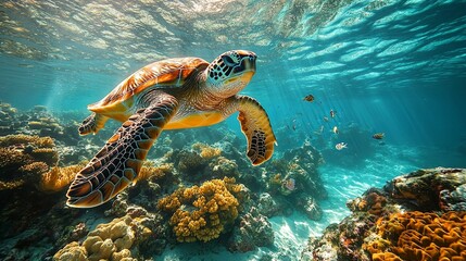 Obraz premium Majestic sea turtle navigating a vibrant coral reef.