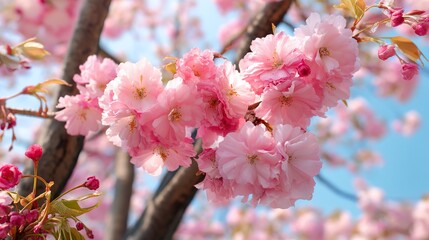 Pink cherry blossoms are in full bloom and the sky is clear overhead. The pink petals elegantly contrast with the yellow center, contrasting with the bright background, capturing the beauty of spring.