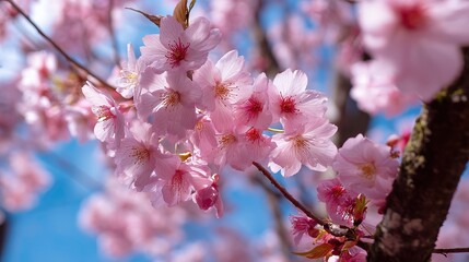 Pink cherry blossoms are in full bloom and the sky is clear overhead. The pink petals elegantly contrast with the yellow center, contrasting with the bright background, capturing the beauty of spring.