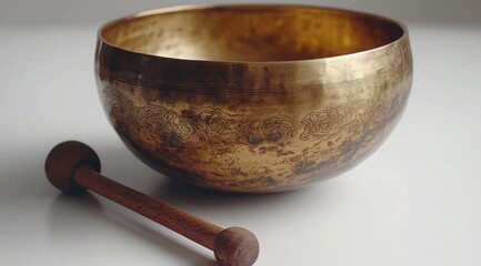 Brass singing bowl with wooden striker for meditation and relaxation